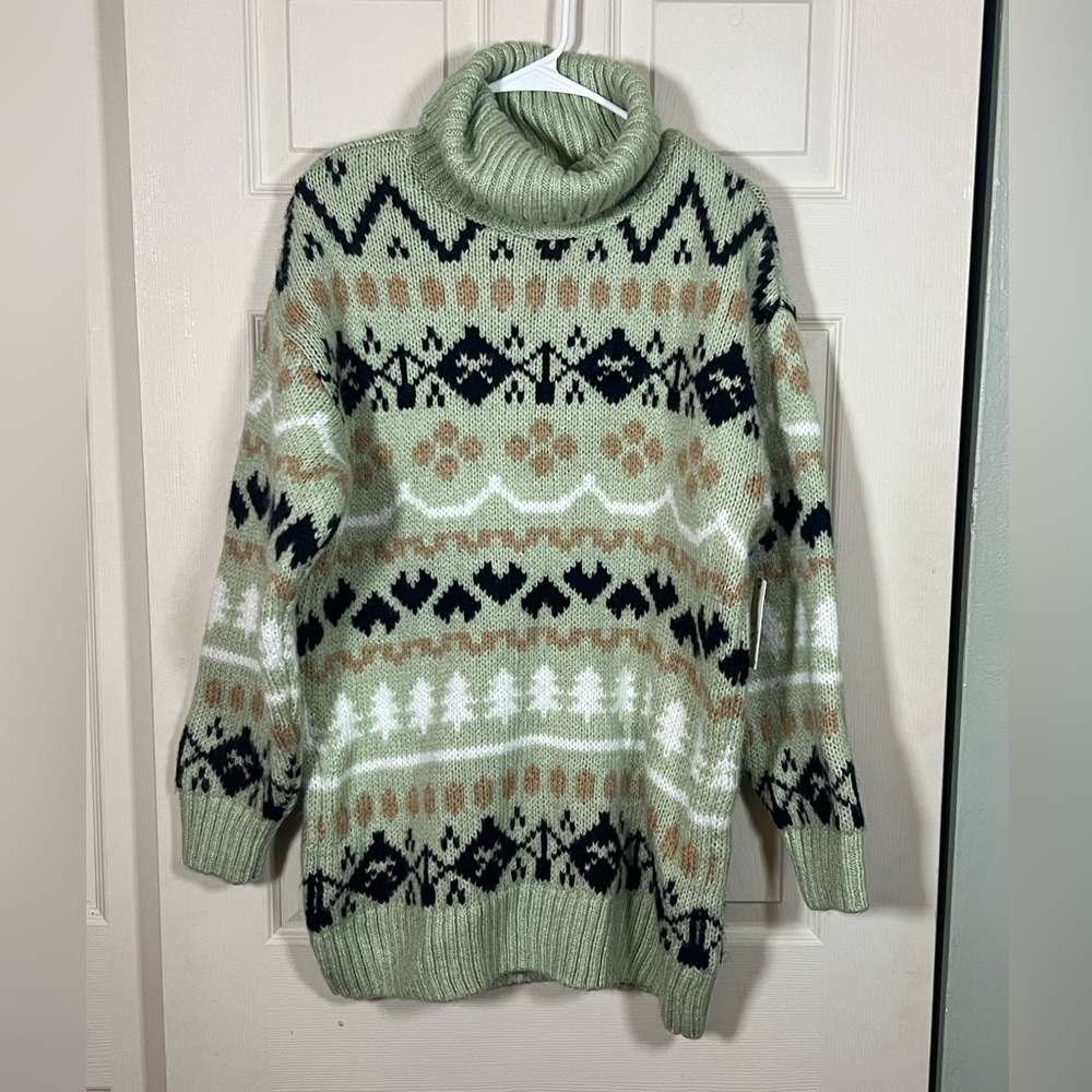 Anthropologie Cozy Oversized Green Patterned Turtleneck Long Sweater